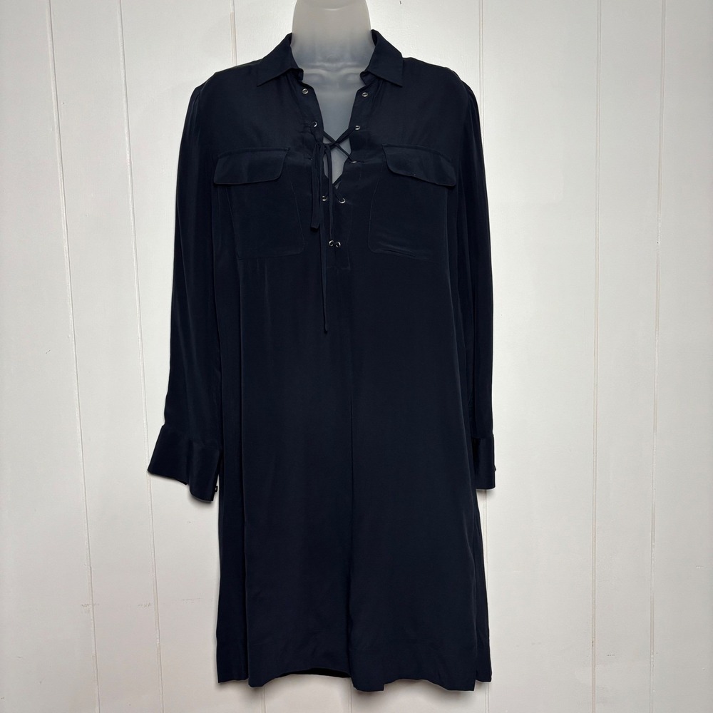 Club Monaco 100% Silk Lace Up Grommet Shift Dress Navy Blue Sz 4 S‎ Old Money